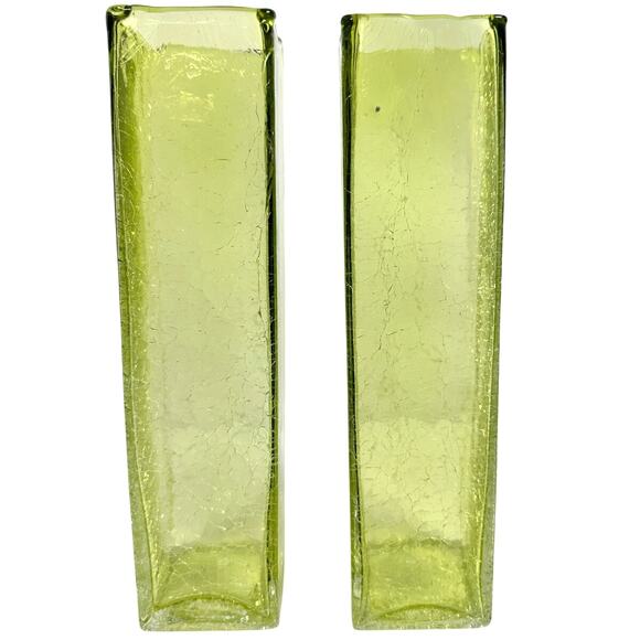 Art Glass MCM Pale Yellow Green Crackle Glass Rectangular 10" Vintage Vases-Pair - Picture 5 of 9